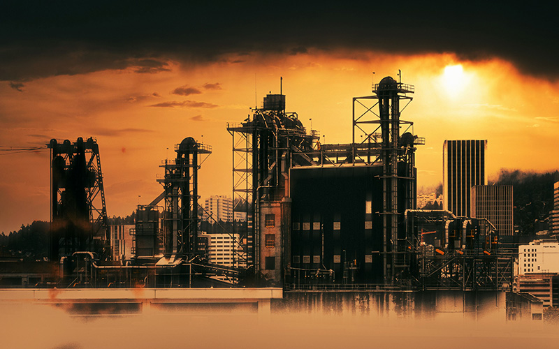 Industrial landscape against the sunset sky.